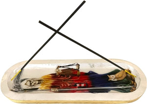 Wooden Handmade Incense Holder Boat Shape, Single - Santa Muerte Rainbow White