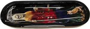 Wooden Handmade Incense Holder Boat Shape, Single - Santa Muerte Rainbow Black