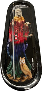 Wooden Handmade Incense Holder Boat Shape, Single - Santa Muerte Rainbow Black