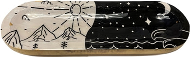 Wooden Handmade Incense Holder Boat Shape, Single - Day and Night (White and Black Scene)