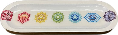 Wooden Handmade Incense Holder Boat Shape, Single - 7 Chakra Symbols Model 2