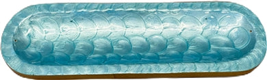 Wooden Handmade Incense Holder Boat Shape, Single - Light Blue Scale Pattern
