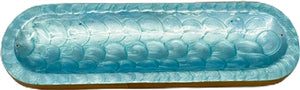 Wooden Handmade Incense Holder Boat Shape, Single - Light Blue Scale Pattern