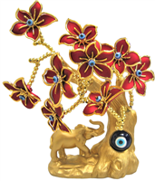 Gold Colored Evil Eye Bonsai tree with Elephant and Red Flowers Model D-20