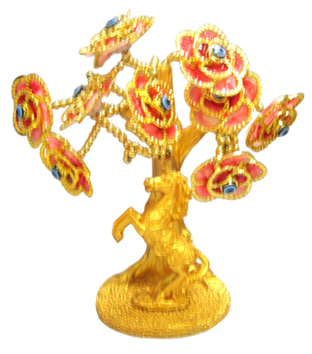 Gold colored Evil Eye Bonsai tree with Horse and Red Flowers Model L-02-2