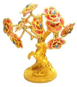 Gold colored Evil Eye Bonsai tree with Horse and Red Flowers Model L-02-2