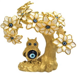 Gold colored Evil Eye Bonsai tree with Owl and White Flowers Model M-09