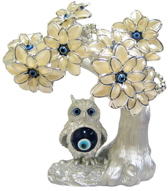 Silver colored Evil Eye Bonsai tree with Owl and White Flowers Model M-09