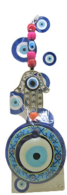 Evil Eye Hamsa w/ Colored beads and painted Evil eye Ornament Pendant/Charm 9.5