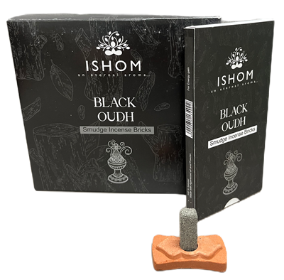 ISHOM - Black Oudh Smudge Incense Bricks, Wholesale Box of [12 packs x (15 bricks + 1 Holder)]