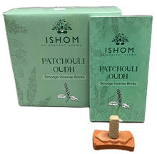 Load image into Gallery viewer, ISHOM - Patchouli Oudh Smudge Incense Bricks, Wholesale Box of [12 packs x (15 bricks + 1 Holder)]