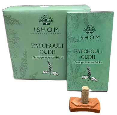 ISHOM - Patchouli Oudh Smudge Incense Bricks, Wholesale Box of [12 packs x (15 bricks + 1 Holder)]