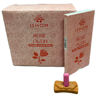 ISHOM - Rose Oudh Smudge Incense Bricks, Wholesale Box of [12 packs x (15 bricks + 1 Holder)]