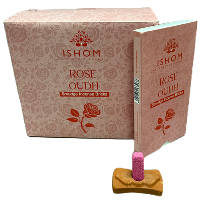 ISHOM - Rose Oudh Smudge Incense Bricks, Wholesale Box of [12 packs x (15 bricks + 1 Holder)]