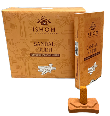 ISHOM - Sandal Oudh Smudge Incense Bricks, Wholesale Box of [12 packs x (15 bricks + 1 Holder)]