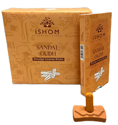 ISHOM - Sandal Oudh Smudge Incense Bricks, Wholesale Box of [12 packs x (15 bricks + 1 Holder)]