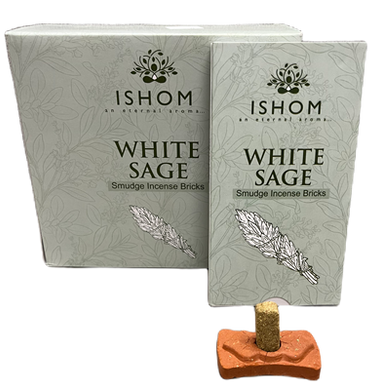 ISHOM - White Sage Smudge Incense Bricks, Wholesale Box of [12 packs x (15 bricks + 1 Holder)]