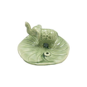 Ceramic Tea Light Oil Burner - Elephant on Lotus Leaf- Green