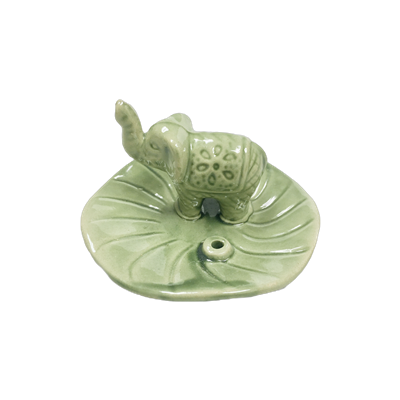 Ceramic Tea Light Oil Burner - Elephant on Lotus Leaf- Green