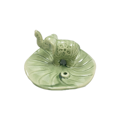 Ceramic Tea Light Oil Burner - Elephant on Lotus Leaf- Green