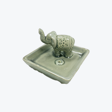 Ceramic Tea Light Oil Burner - Elephant on Square Dish - Gray