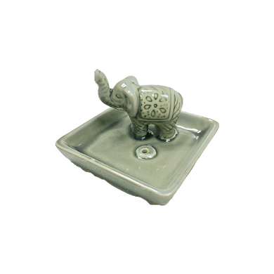 Ceramic Tea Light Oil Burner - Elephant on Square Dish - Gray