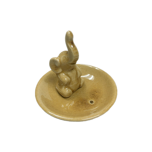 Ceramic Tea Light Oil Burner - Elephant on a Circular Dish- Brown