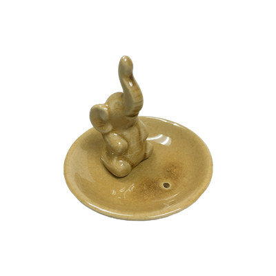 Ceramic Tea Light Oil Burner - Elephant on a Circular Dish- Brown