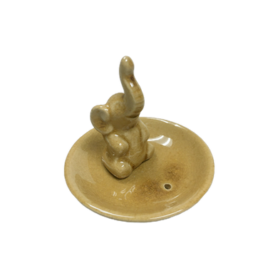 Ceramic Tea Light Oil Burner - Elephant on a Circular Dish- Brown