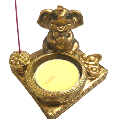 Tealight and Incense Holder Gold Elephant