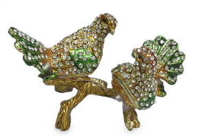 2 Multicolored Doves on Gold branch - Bejeweled Trinket Box- TRNK-4980-02