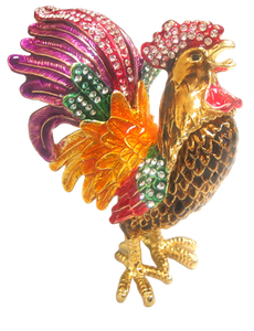 Multicolor Black Rooster Raised Feather - Bejeweled Trinket Box - TRNK-4240-3