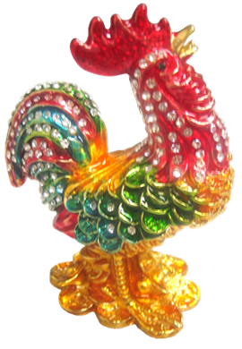 Multicolor Rooster Raised Feather - Bejeweled Trinket Box - TRNK-4967-Multi