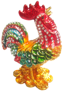 Multicolor Rooster Raised Feather - Bejeweled Trinket Box - TRNK-4967-Multi