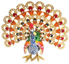 Load image into Gallery viewer, Blue Peacock with upright Opened Multicolored Feathers - Bejeweled Trinket Box TRNK-5111