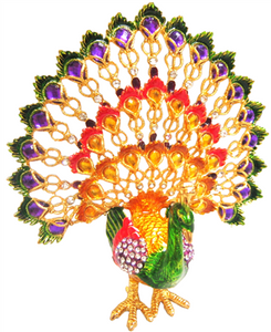 Green Peacock with upward Opened Multicolored Feathers- Bejeweled Trinket Box