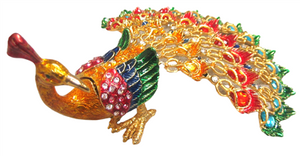 Gold Peacock with resting Opened Multicolored Feathers - Bejeweled Trinket Box