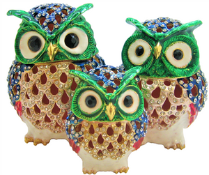 Family of Owls (Set of 3)(Red) - Bejeweled Trinket Box