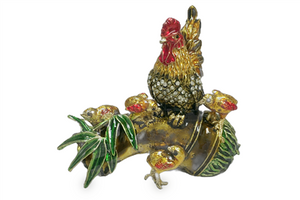 Roster With its Chick on a Branch - Bejeweled Trinket Box - TRNK-4387