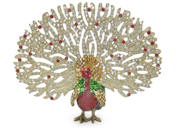 White Feathered Green and Red peacock - Bejeweled Trinket Box - TRNK-5960-1