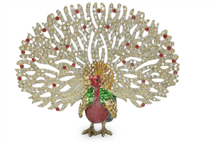 White Feathered Green and Red peacock - Bejeweled Trinket Box - TRNK-5960-1